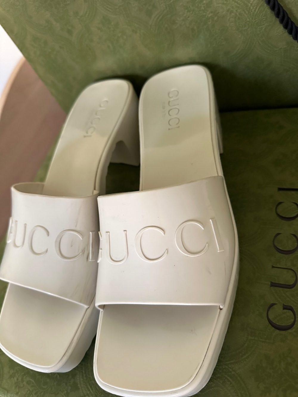 Gucci White Embossed Logo Slide Mules - Picture 4 of 10